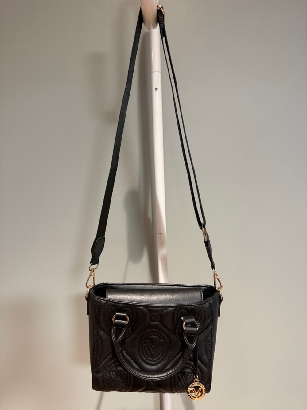 Black Quilted Top-Handle Women's Bag with Gold Charm - Picture 6 of 8